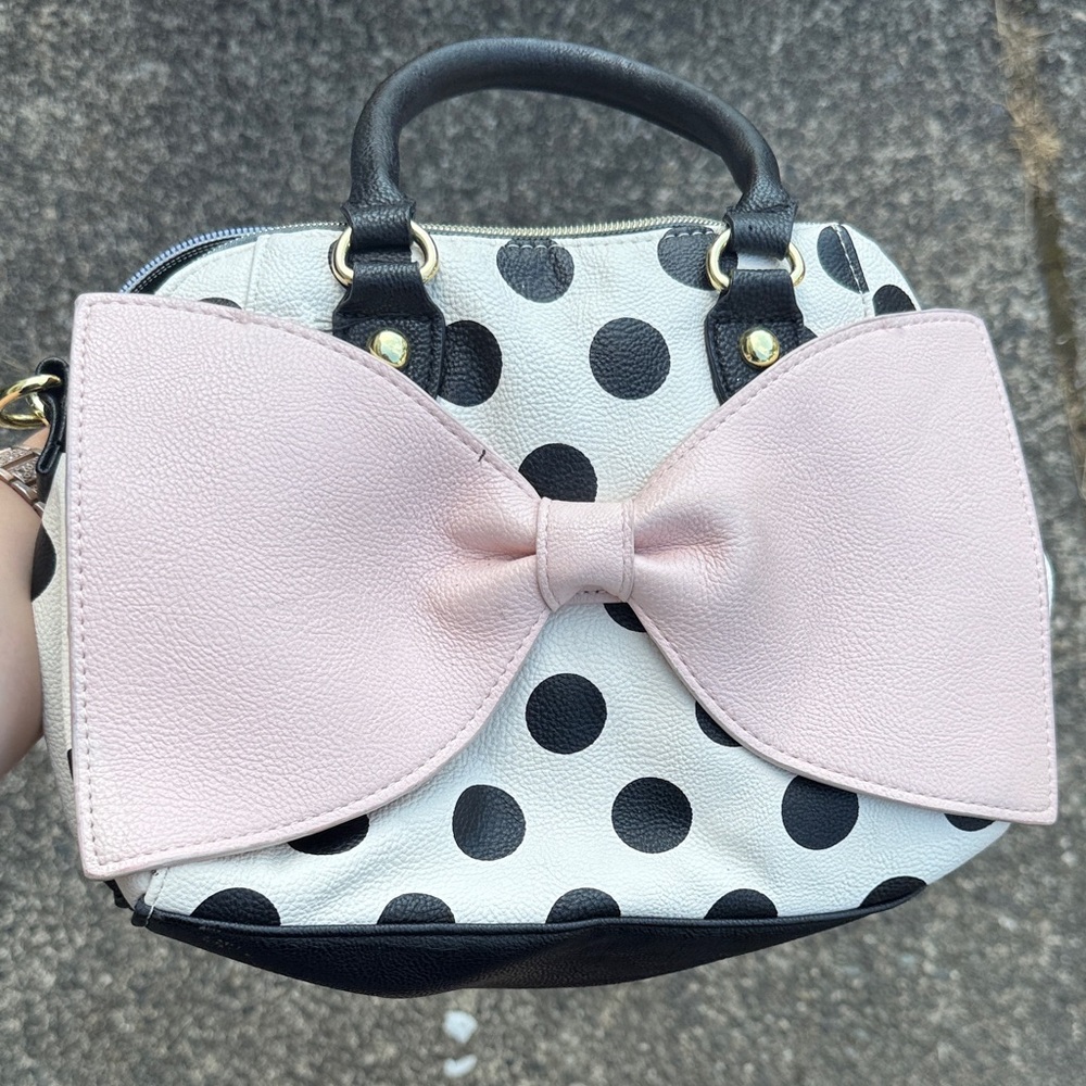 Betsey Johnson Black and White Polka Dot Mini Bag with Pink Bow